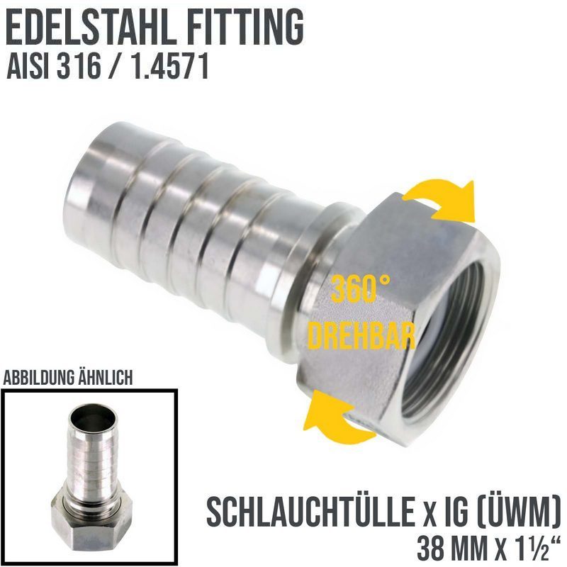1 1/2" x 38 mm Schlauch Tülle Stutzen Innengewinde IG ÜWM Nippel Edelstahl AISI 316 VA Fitting - PN 18 bar