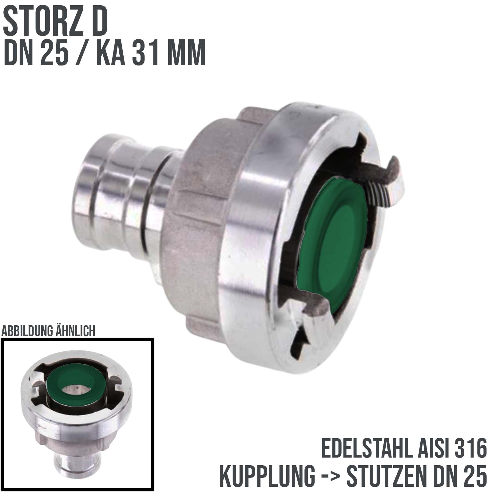 STORZ D DN25 KA31 V4A Saug Kupplung -> Stutzen Tülle DN52 Bau Feuerwehr Schlauch PN 25 bar FKM Viton Dichtung