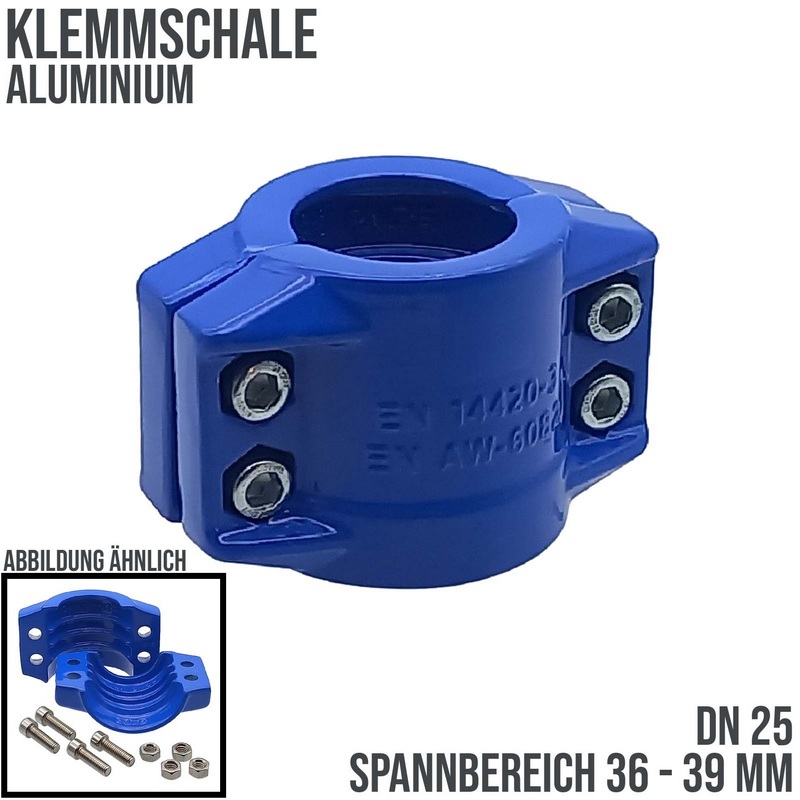 DN 25 Klemmschale Aluminium blau Spannbereich 36 - 39 mm für Schlauch ID x AD 25 x 37 mm - PN 25 bar