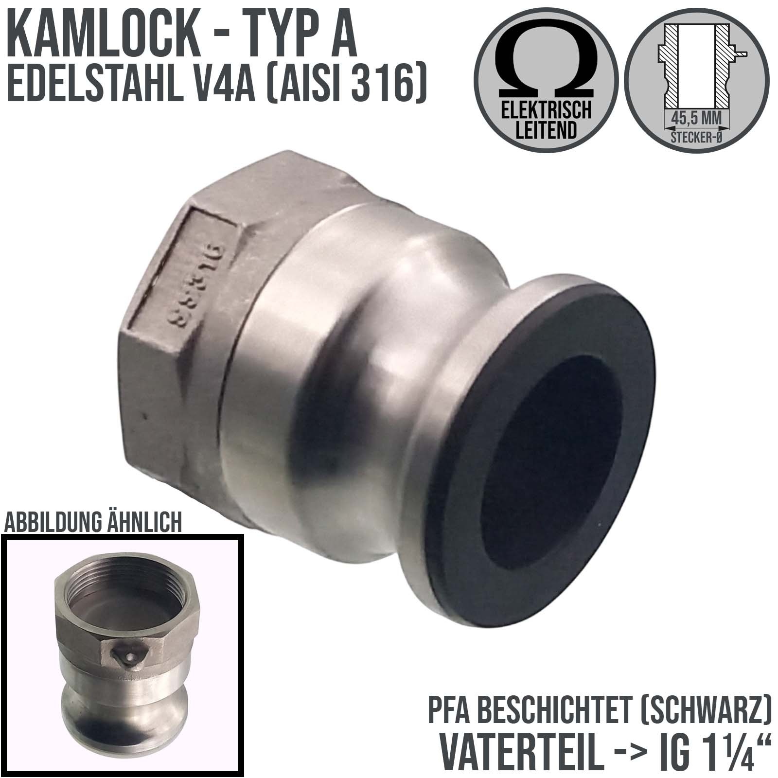 Kamlock Typ A - Vaterteil Edelstahl V2A (AISI 316) - 45,5 mm Stecker mit Innengewinde (IG) 1 1/4" Zoll DN 32 PFA beschichtet - PN 25 bar
