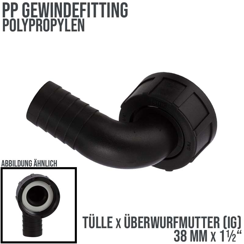 38 mm x 1 1/2 " PP Gewinde Fitting Winkel 90° Schlauch Tülle Stutzen ÜWM Innengewinde IG - PN 6 bar