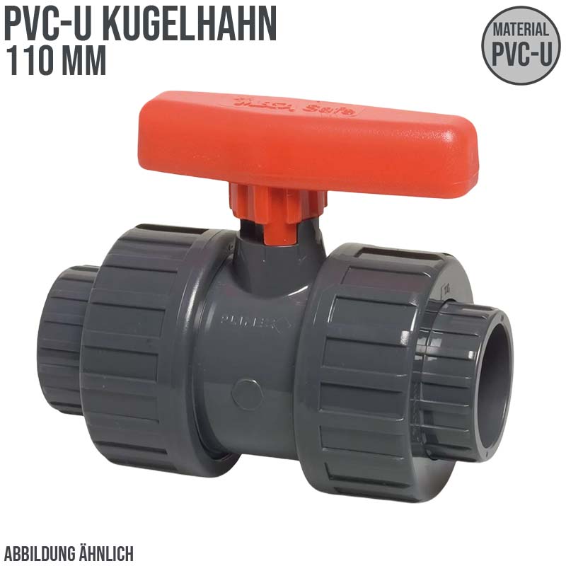 110 mm PVC Kugel Absperr Hahn Ventil beidseitige Klebemuffe Fitting PN 10 bar - roter Griff