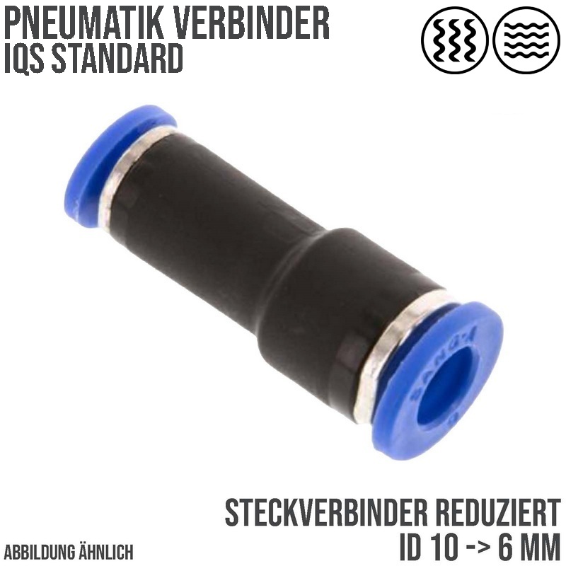 10 -> 6 mm Pneumatik Steck Verbinder IQS gerade reduziert blau/schwarz PA PU Schlauch - PN 20 bar