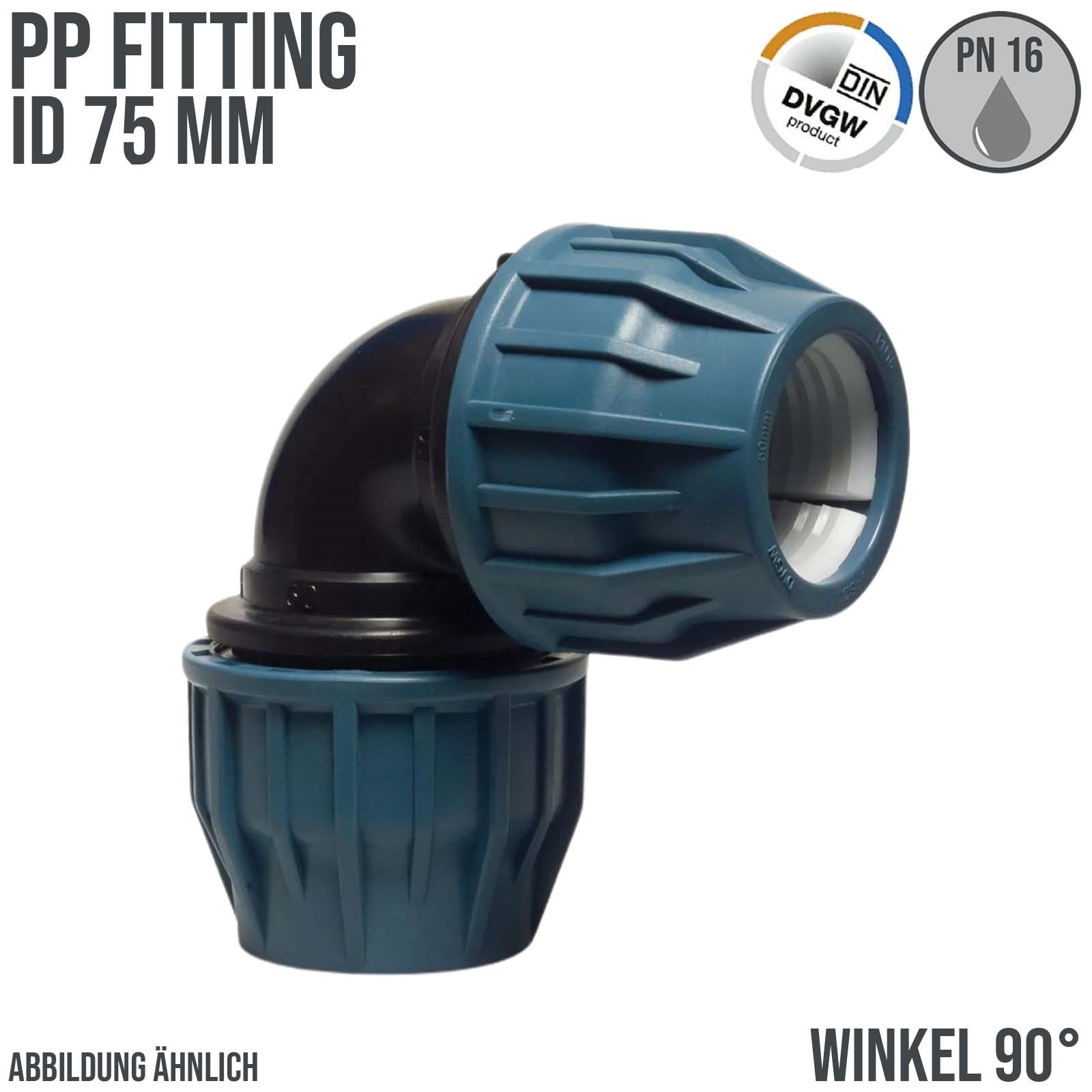 75 mm PE PP Fitting Klemm Verbinder Verschraubung Muffe Rohr Winkel 90° DVGW - PN 16 bar