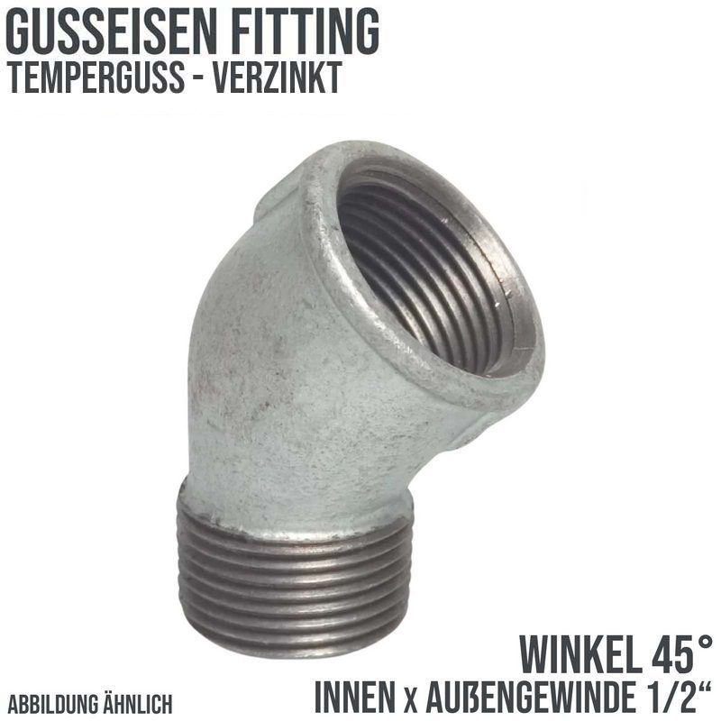1/2" Gusseisen Temperguss Fitting Nr. 121 Winkel 45° Innen x Außengewinde IG x AG DVGW PN 25 bar
