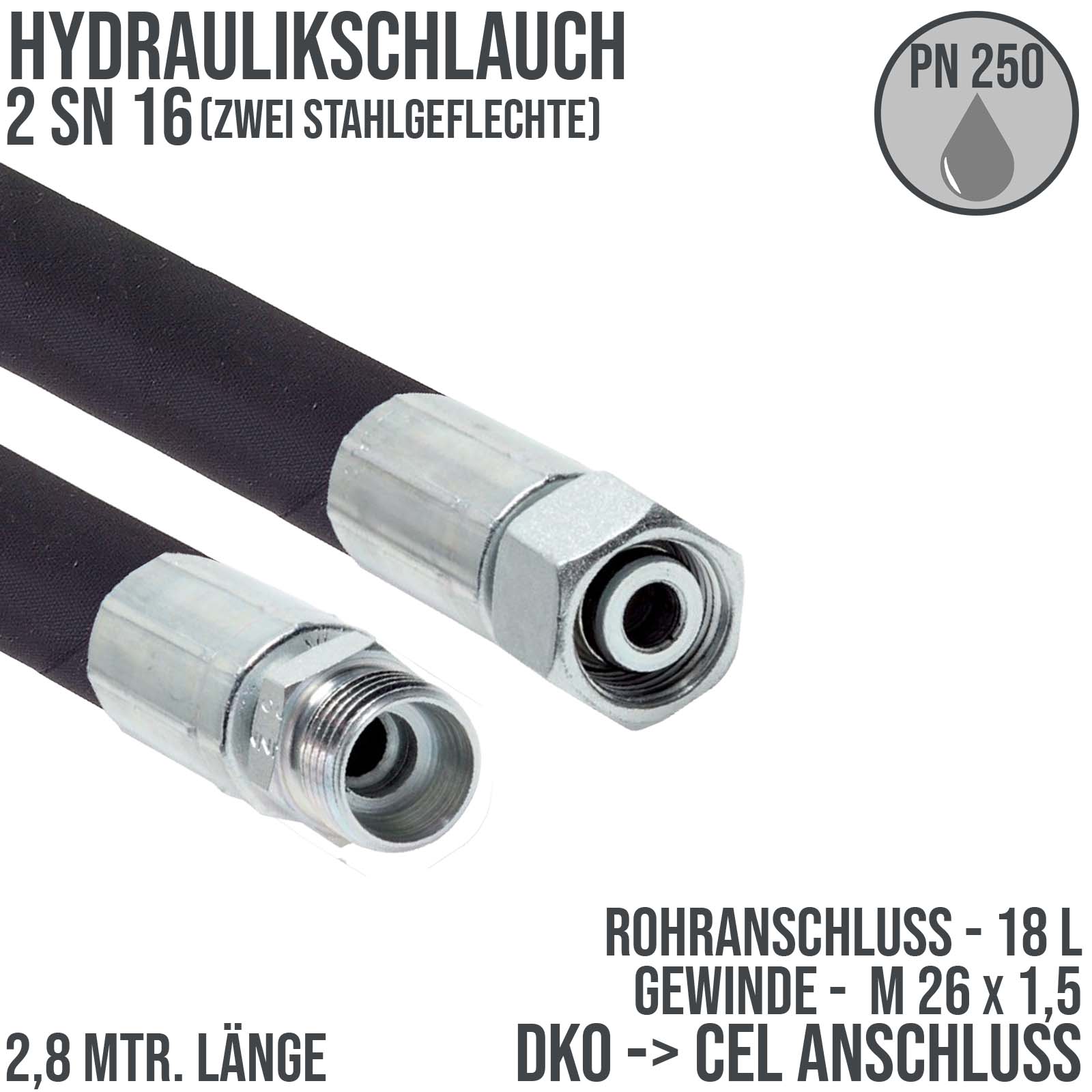 Hydraulikschlauch DN 16 2SN16 - 18 L DKO (IG) auf CEL (AG) Anschluss (M 26 x 1,5) - 2800 mm