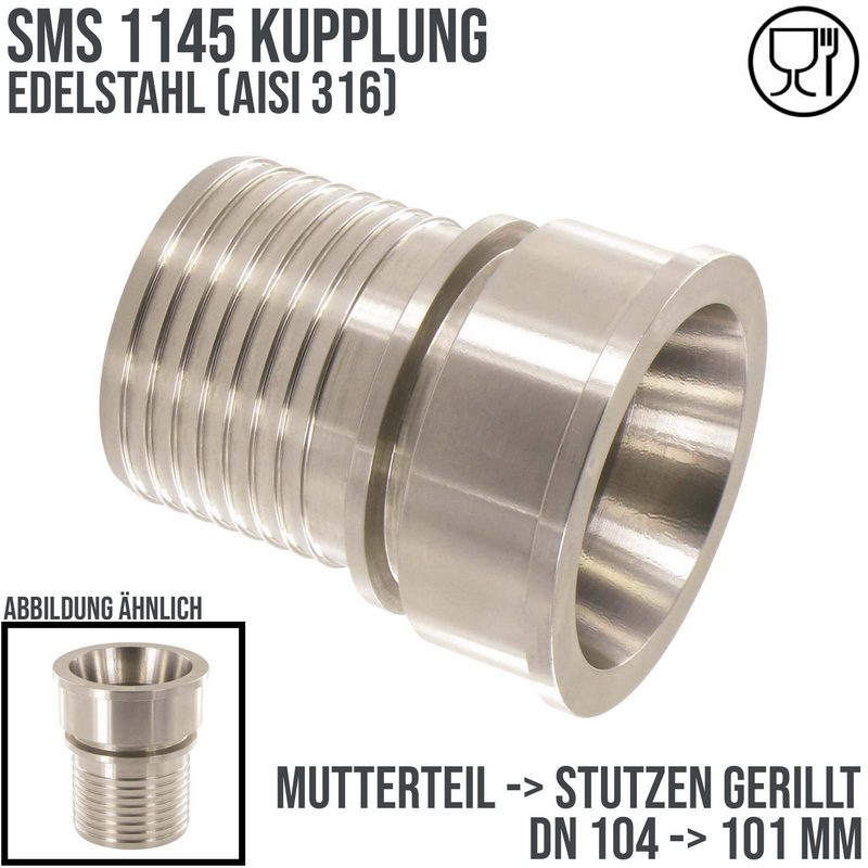 DN 104 SMS Kupplung 1145 Mutterteil MT Außengewinde Sicherungsbund - Stutzen gerillt 101 mm - PN 25 bar
