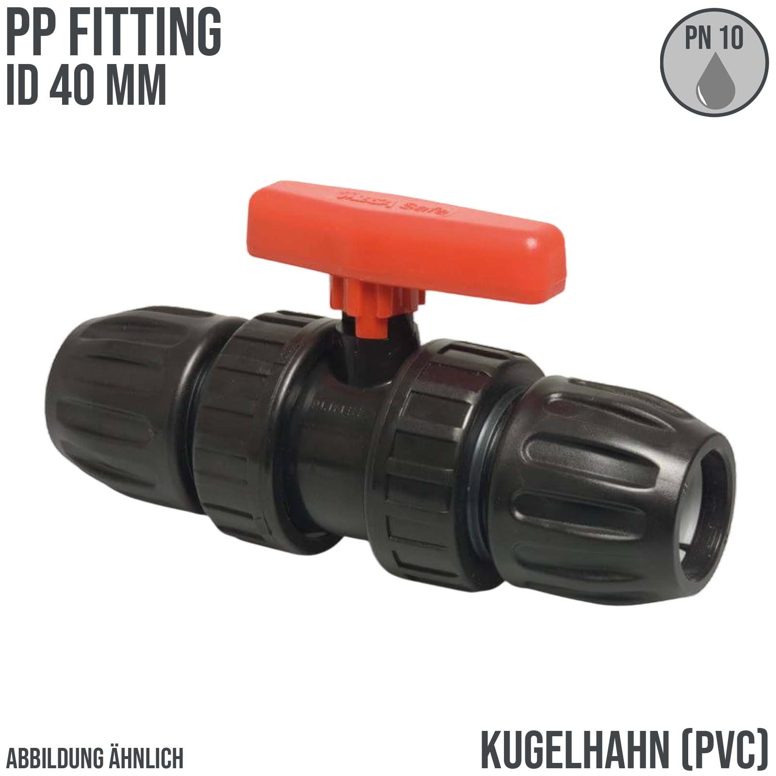 40 mm PE PP Kugelhahn 2-fach Klemm Muffe Kupplung schwarz/rot PN 10 bar