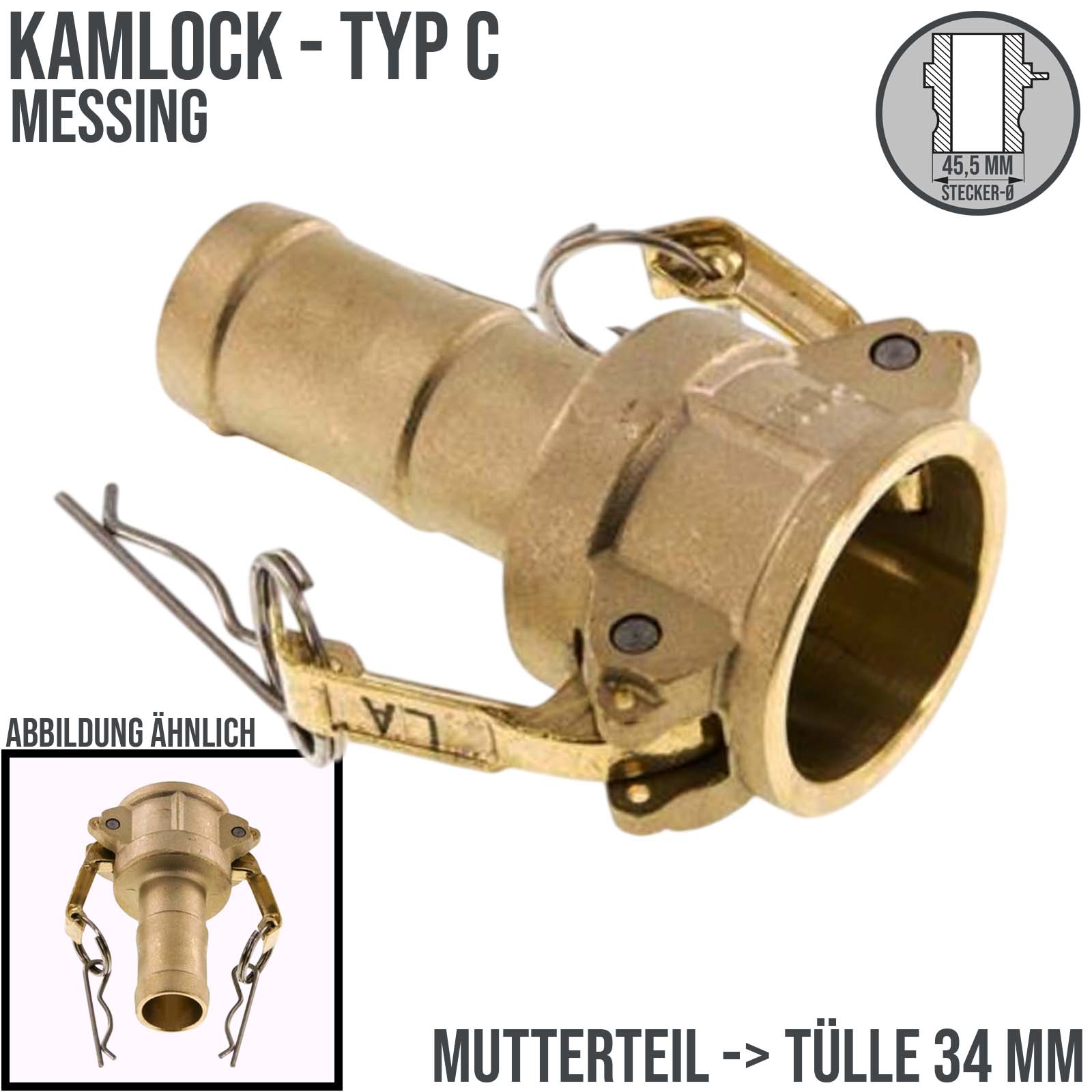 Kamlock Typ C - Mutterteil (45,5 mm) Messing MS -> Tülle 34 mm 1 1/4" Zoll DN32 - PN 17 bar