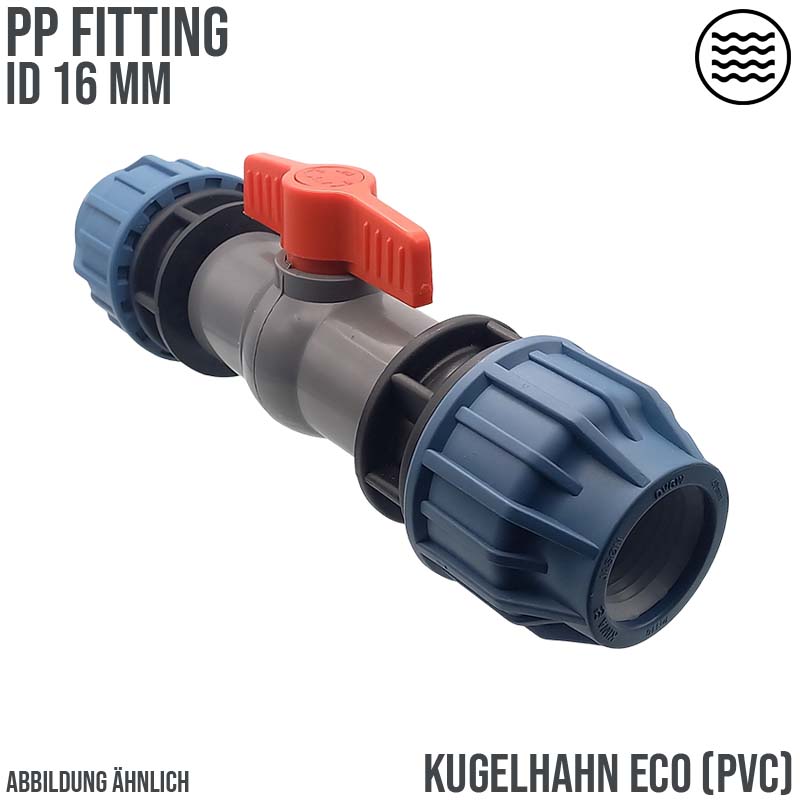 16 mm PE PP Fitting Klemm Verbinder Verschraubung Kugelhahn ECO mit 2-fach Muffe