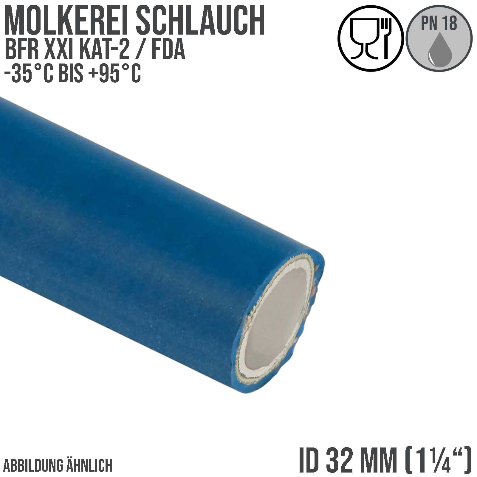 32 mm 1 1/4" Molkerei Milch Lebensmittel Schlauch BfR FDA NBR NVC blau weiß - PN 18 bar - 40 m Rolle 