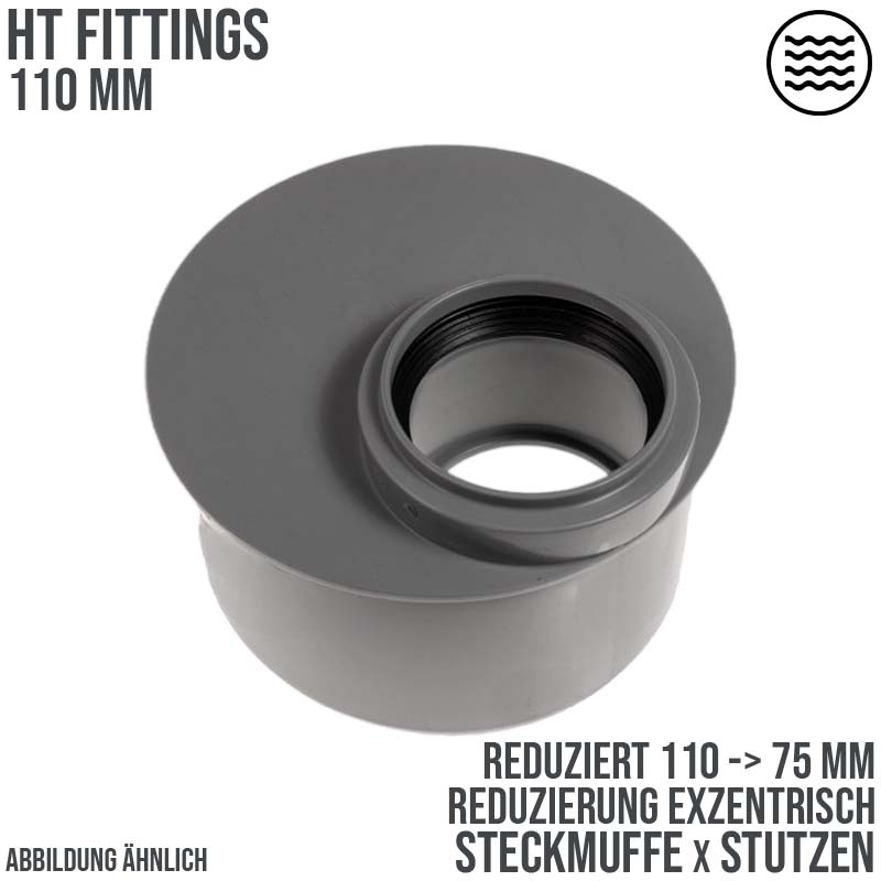 110 x 75 mm PP Reduzierstück exzentrisch Abfluß Abwasser HT KG Rohr Stutzen Muffe grau
