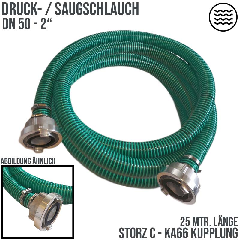 STORZ C DN52 KA66 - 50 mm 2" PVC Saug Ansaug Pumpen Spiral Schlauch PN 5 bar grün - 25 m Rolle