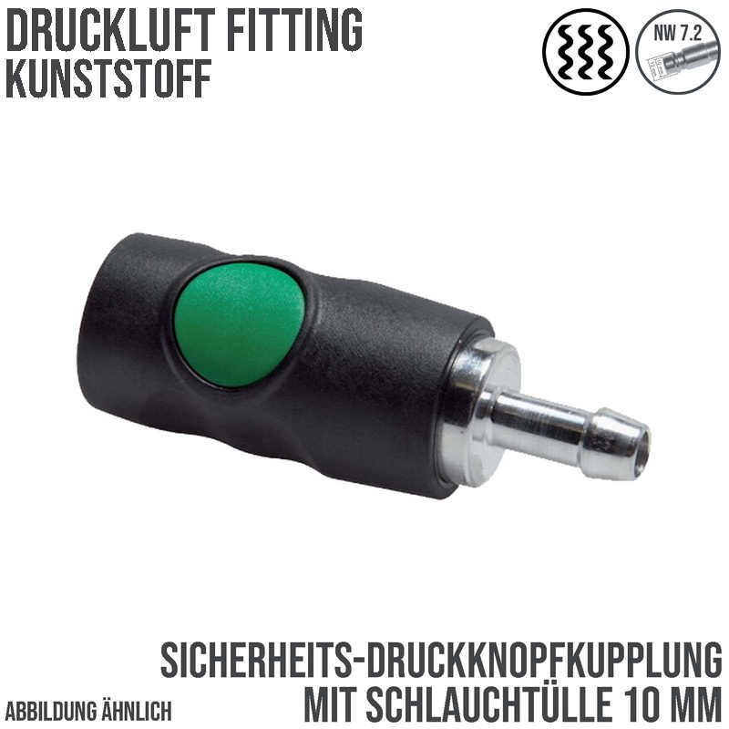 10 mm Druckluft Sicherheits Kupplung Kunststoff NW 7.2 Schlauch Tülle - PN 12 bar