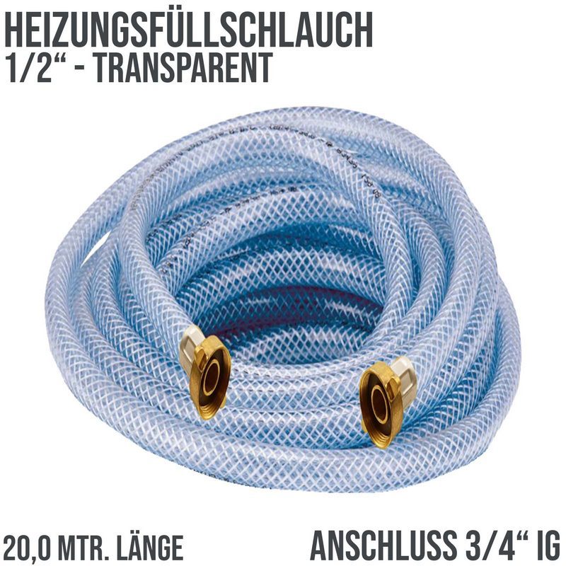 20 m Heizungs Füll Wasser Heizkörper Radiator Sanitär Schlauch transparent 3/4" Anschluss - PN 8 bar