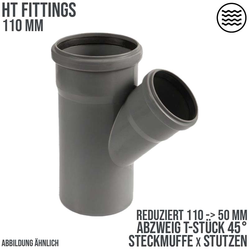 110 x 50 mm PP T-Stück 45° Abzweig Abfluß Abwasser HT KG Rohr Steckmuffe x Stutzen grau