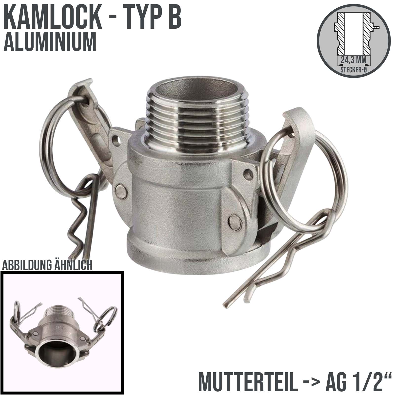 Kamlock Typ B - Mutterteil (24,3 mm) Aluminium ALU mit Außengewinde (AG) 1/2" Zoll DN13 DN16 - PN 10 bar