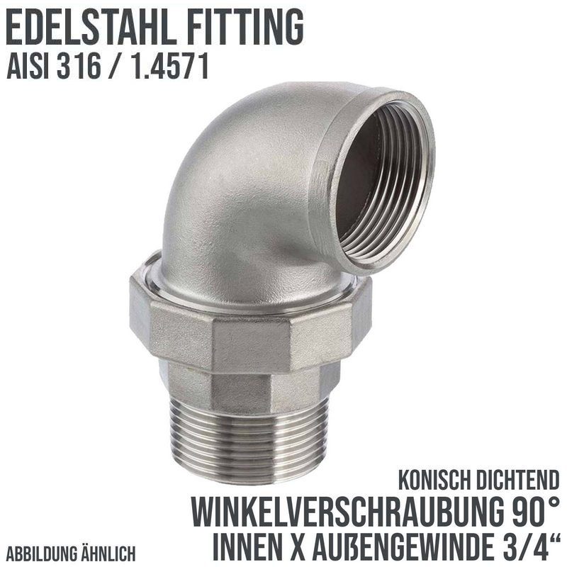 3/4" Edelstahl Fitting V4A AISI 316 Winkelverschraubung 90° Innen x Außengewinde IG x AG konisch dichtend - PN 16 bar