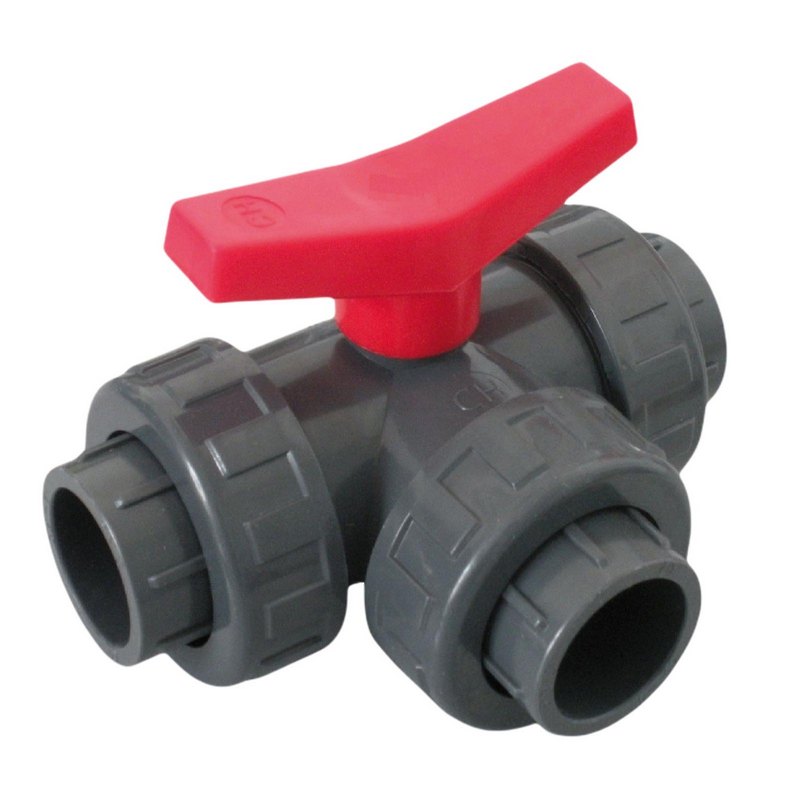 32 mm PVC Kugel Absperr Hahn Ventil L-Bohrung 3-fach Klebemuffe Fitting PN 10 bar - roter Griff