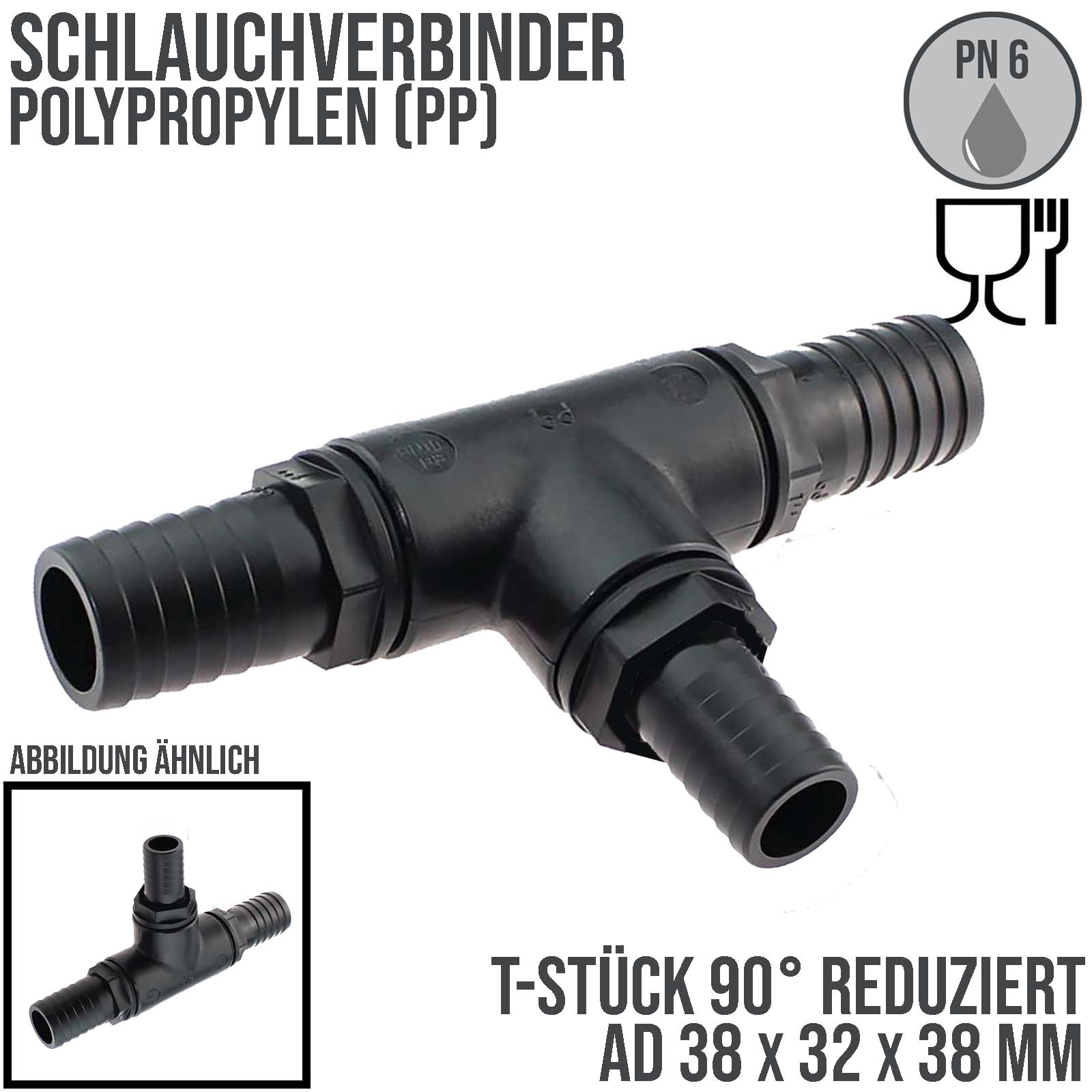 38 x 32 x 38 mm T-Stück 90° Schlauch Verbinder 3-fach Stutzen Tülle Pool Teich Garten schwarz - PN 6 bar