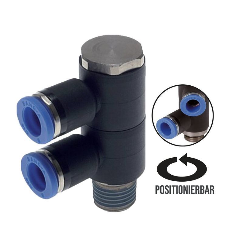 4 mm x 1/4" Pneumatik Steck Verbinder 2-fach Verteiler IQS Außengewinde konisch - PN 20 bar