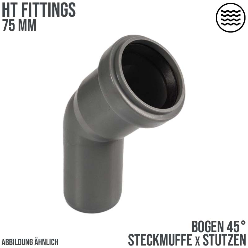 75 mm PP Bogen 45° Abzweig Abfluß Abwasser HT KG Rohr Steckmuffe x Stutzen grau