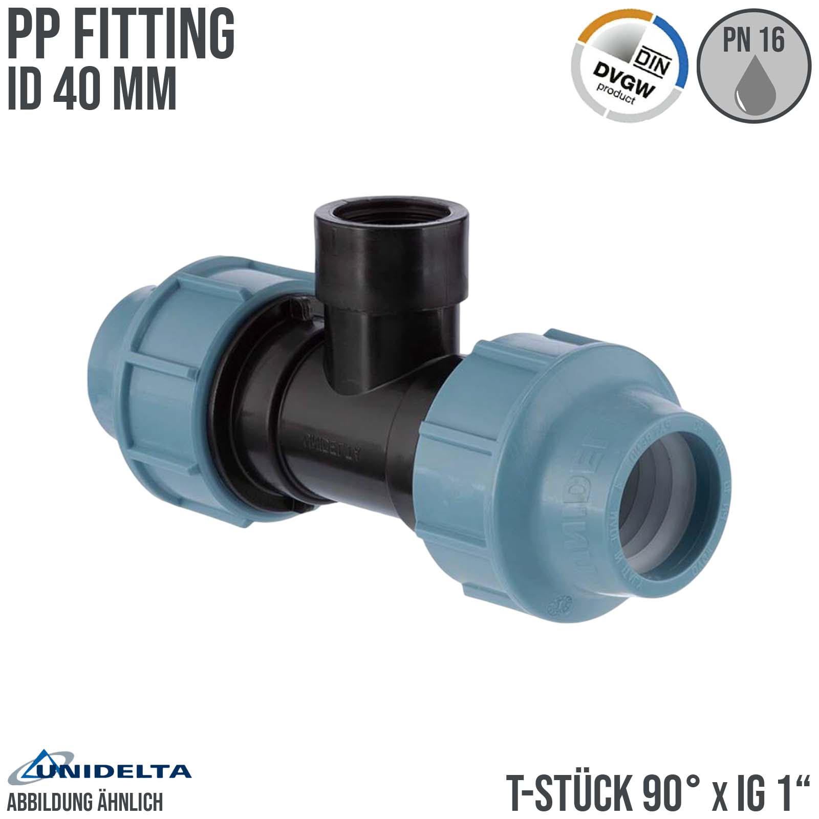 40 mm x 1" PE PP Fitting Klemm Verbinder Verschraubung Rohr T-Stück 90° x IG DVGW - Unidelta 