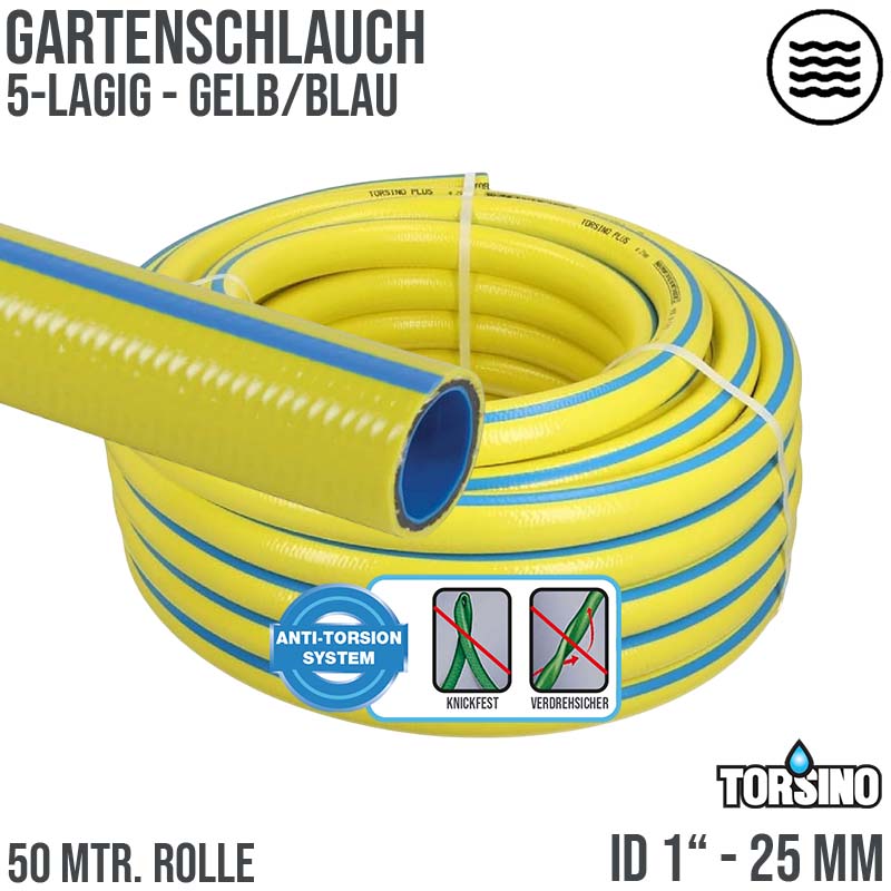 25 mm 1" Zoll 5-lagiger Garten Wasser Bewässerung Schlauch gelb Torsiono Plus PN 8 bar - 50m