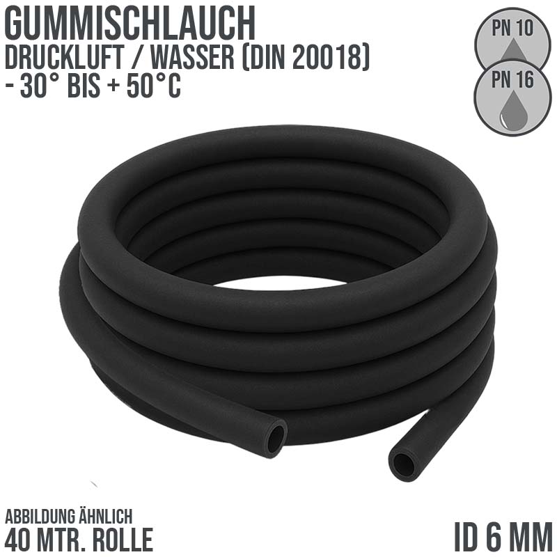 6 x 13 mm Gummi Druckluft Universal Wasser Luft Kompressor Schlauch schwarz - PN 10/16 bar - 40 m