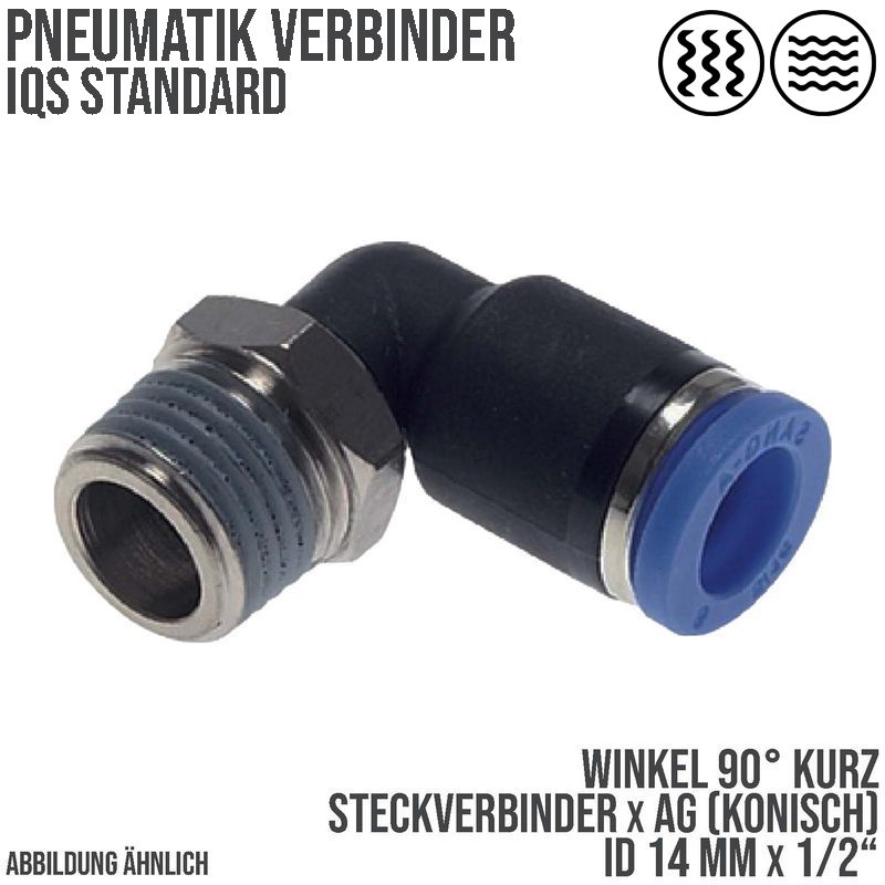 14 mm x 1/2" Pneumatik Steck Verbinder Winkel 90° kurz IQS Außengewinde konisch - PN 20 bar