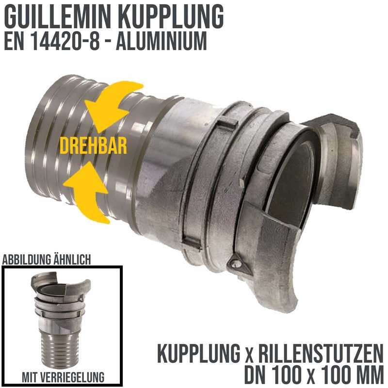 DN 100 Guillemin Kupplung Verriegelung Rillen Stutzen Tülle 100 mm drehbar Sicherungsbund Aluminium - PN 16 bar