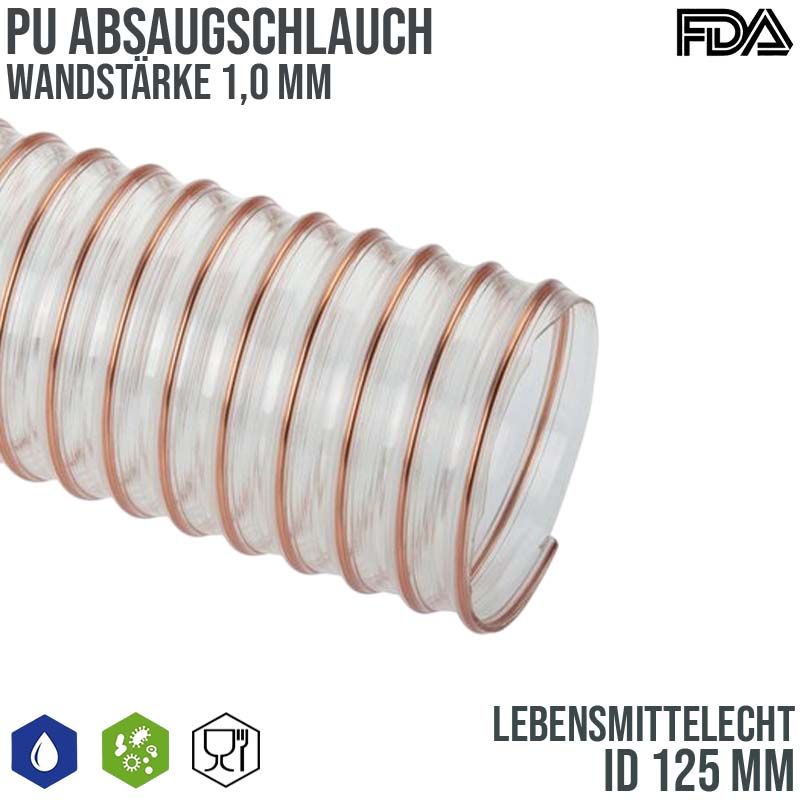 125 mm PU Saug Ansaug Druck Spiral Flex FDA Lebensmittel Schlauch - Wandstärke 1,0 mm - PN 0,55 bar