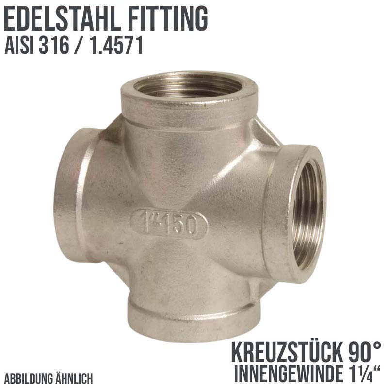 1 1/4" Edelstahl Fitting V4A AISI 316 Nr. 180 - Kreuzstück 90° Innengewinde IG - PN 16 bar