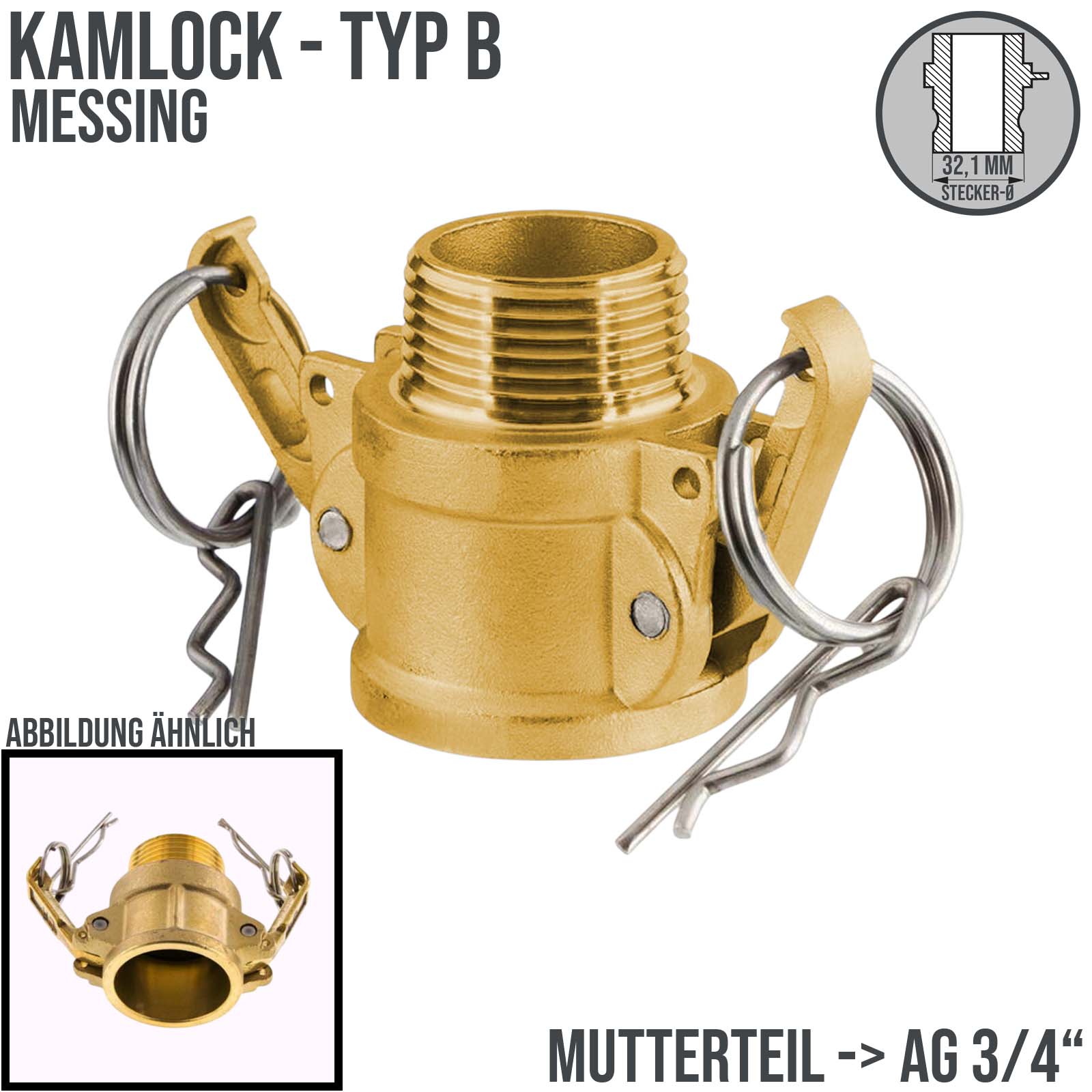 Kamlock Typ B - Mutterteil (32,1 mm) Messing MS mit Außengewinde (AG) 3/4" Zoll DN19 DN20 - PN 17 bar