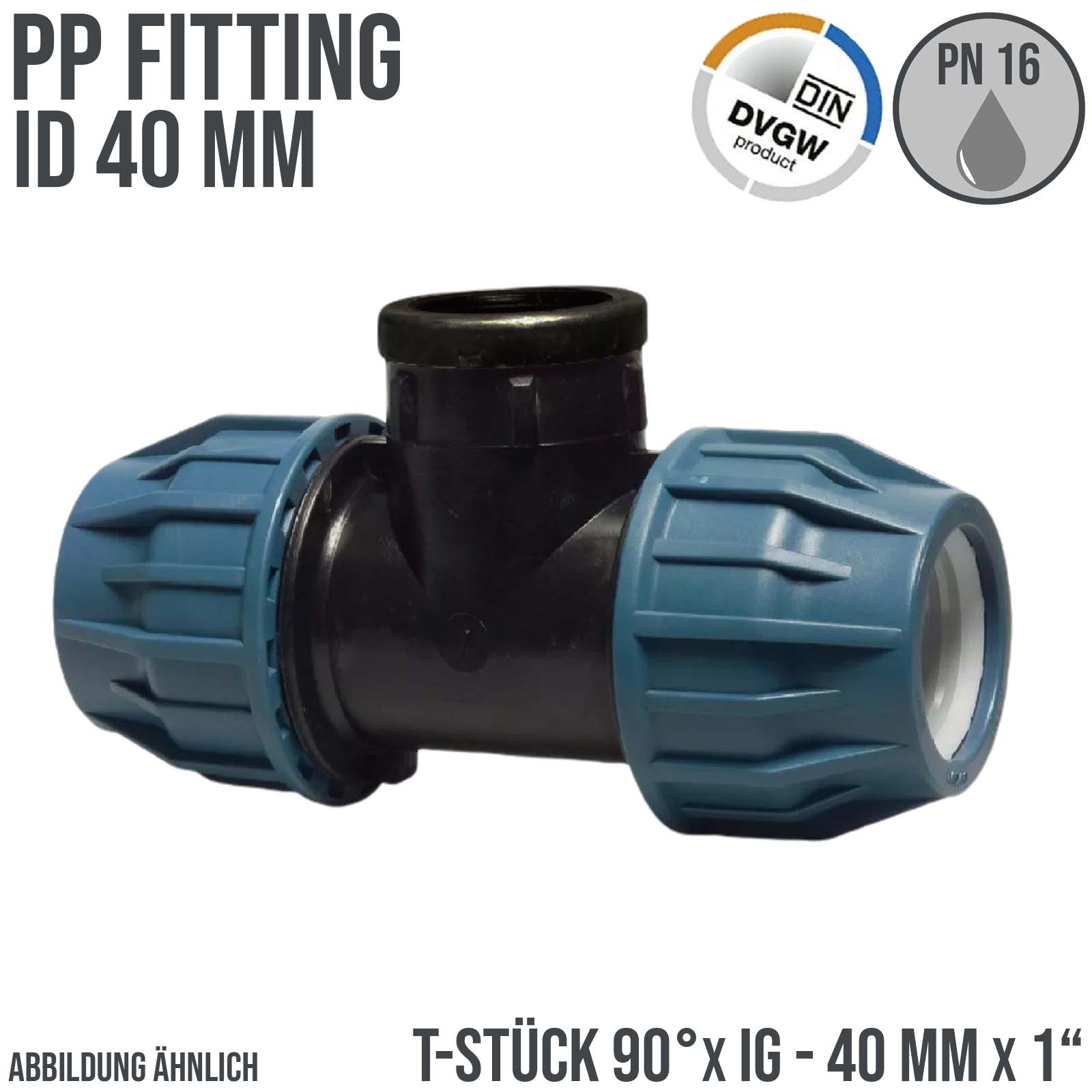 40 mm x 1" PE PP Fitting Klemm Verbinder Verschraubung Rohr T-Stück 90° x IG DVGW - PN 16 bar 