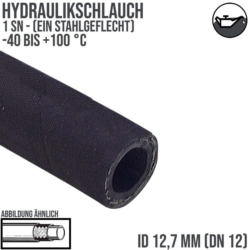 12,7 x 20,1 mm 1 SN DN 12 Hochdruck Hydraulik Wasser Kraftstoff Schlauch einfach Draht Einlage schwarz EN 853 - PN 160 bar