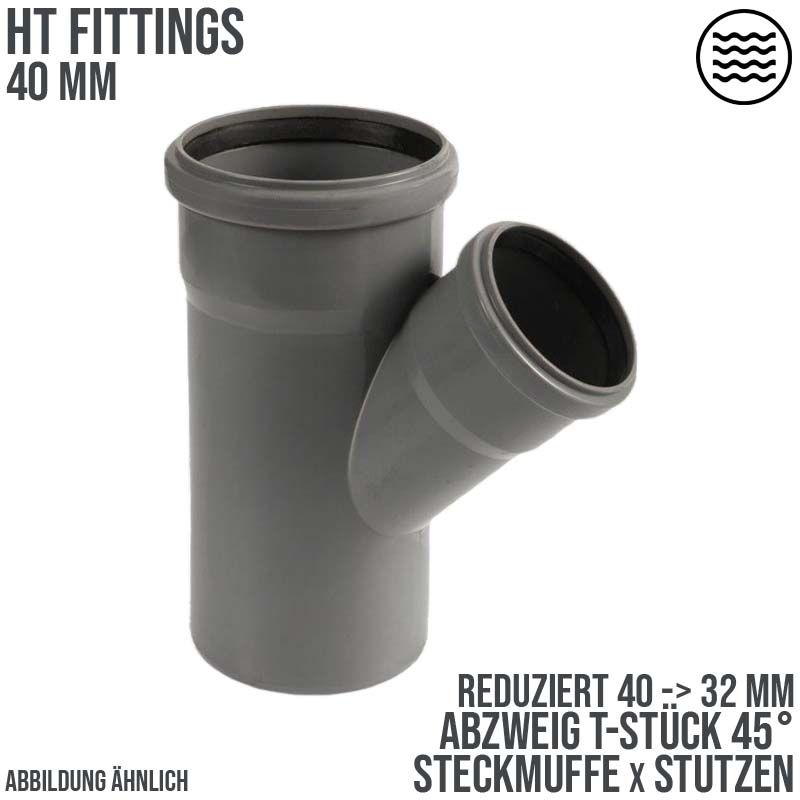 40 x 32 mm PP T-Stück 45° Abzweig Abfluß Abwasser HT KG Rohr Steckmuffe x Stutzen grau