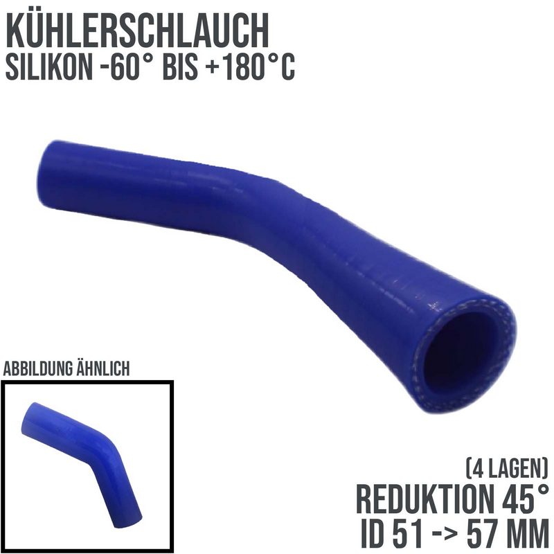 51 -> 57 mm ID Kühlerschlauch Reduktion 45° Verbinder Silikon LLK Ladeluft Kühlmittel Schlauch blau