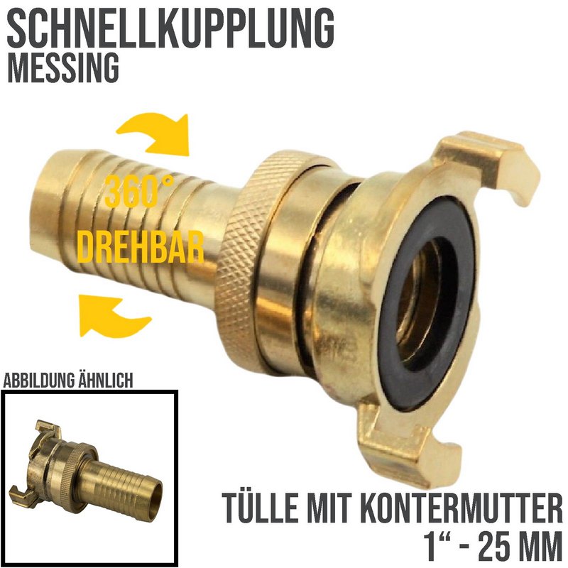 1" 25 mm Messing Schlauch Schnell Kupplung Tülle mit Kontermutter (GEKA kompatibel) - PN 25 bar