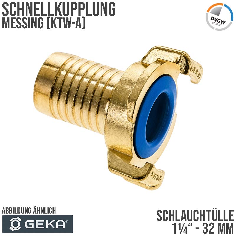1 1/4" - 32 mm GEKA plus Schnell Kupplung Schlauch Tülle Stutzen Messing KTW-A DVGW - PN 40 bar