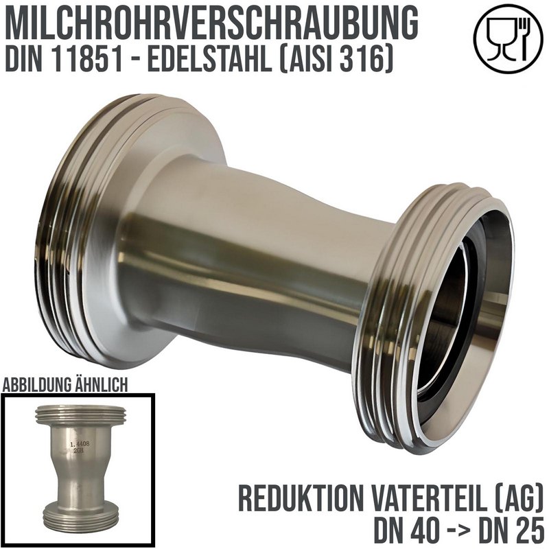 DN 40 -> DN 25 Milchrohr Verschraubung DIN 11851 VT Vaterteil Reduktion Außen x Außengewinde RD - PN 25 bar