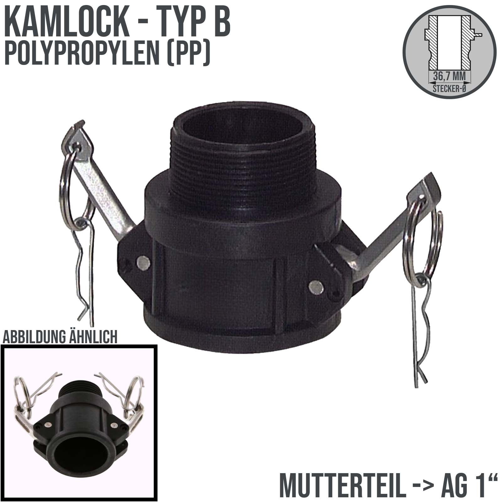 Kamlock Typ B - Mutterteil (36,7 mm) Polypropylen PP mit Außengewinde (AG) 1" Zoll DN25  - PN 8,5 bar