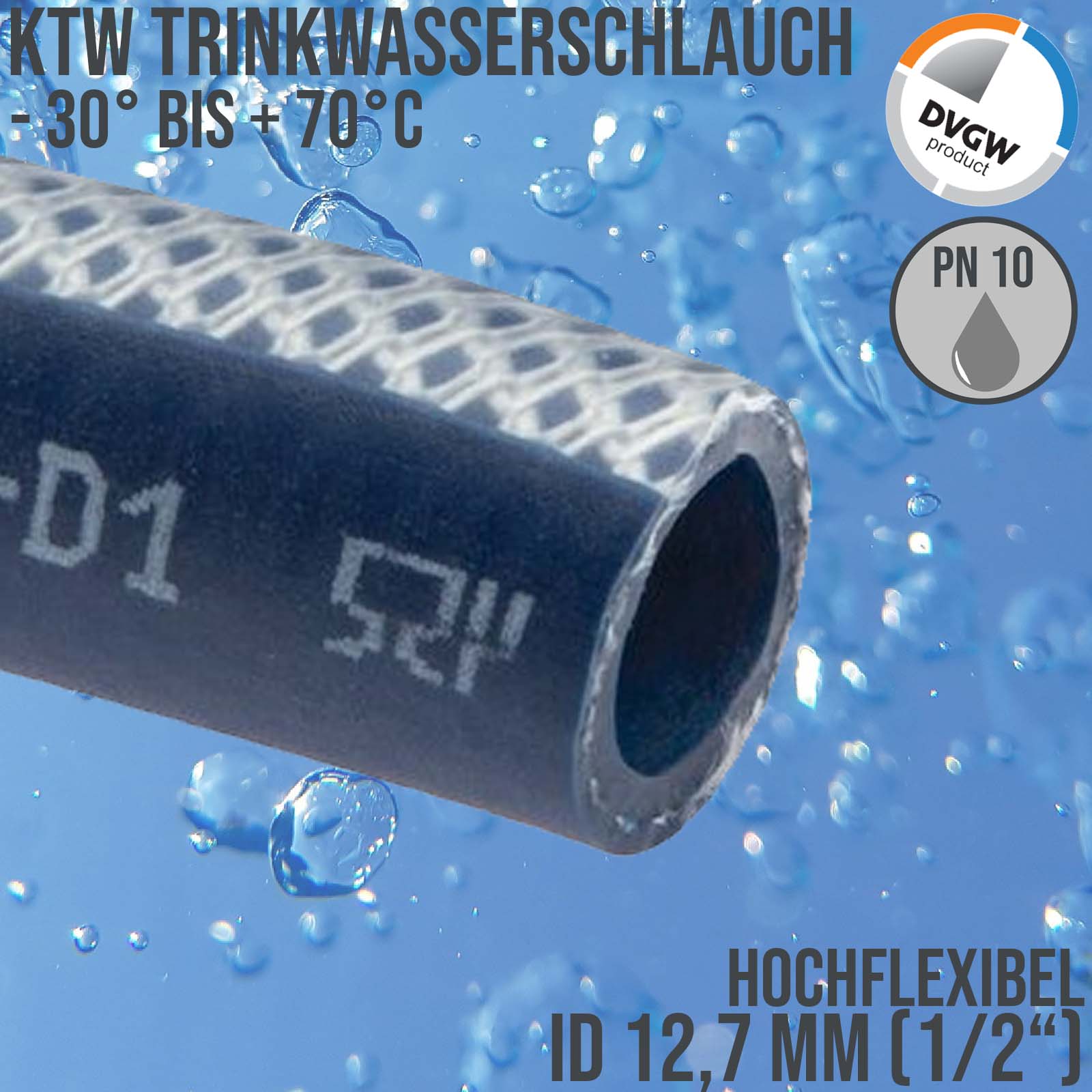 12,3 mm 1/2" Zoll Trink Wasser Kirmes Volksfest hochflexibel Schlauch TPE KTW DVGW W 270 blau PN 10 bar 