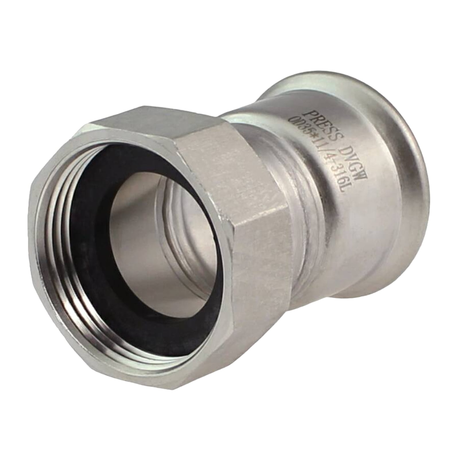 54 mm x 2" Verschraubung Press Muffe x Überwurf Innengewinde Edelstahl AISI 316 Fittings PN 16 bar