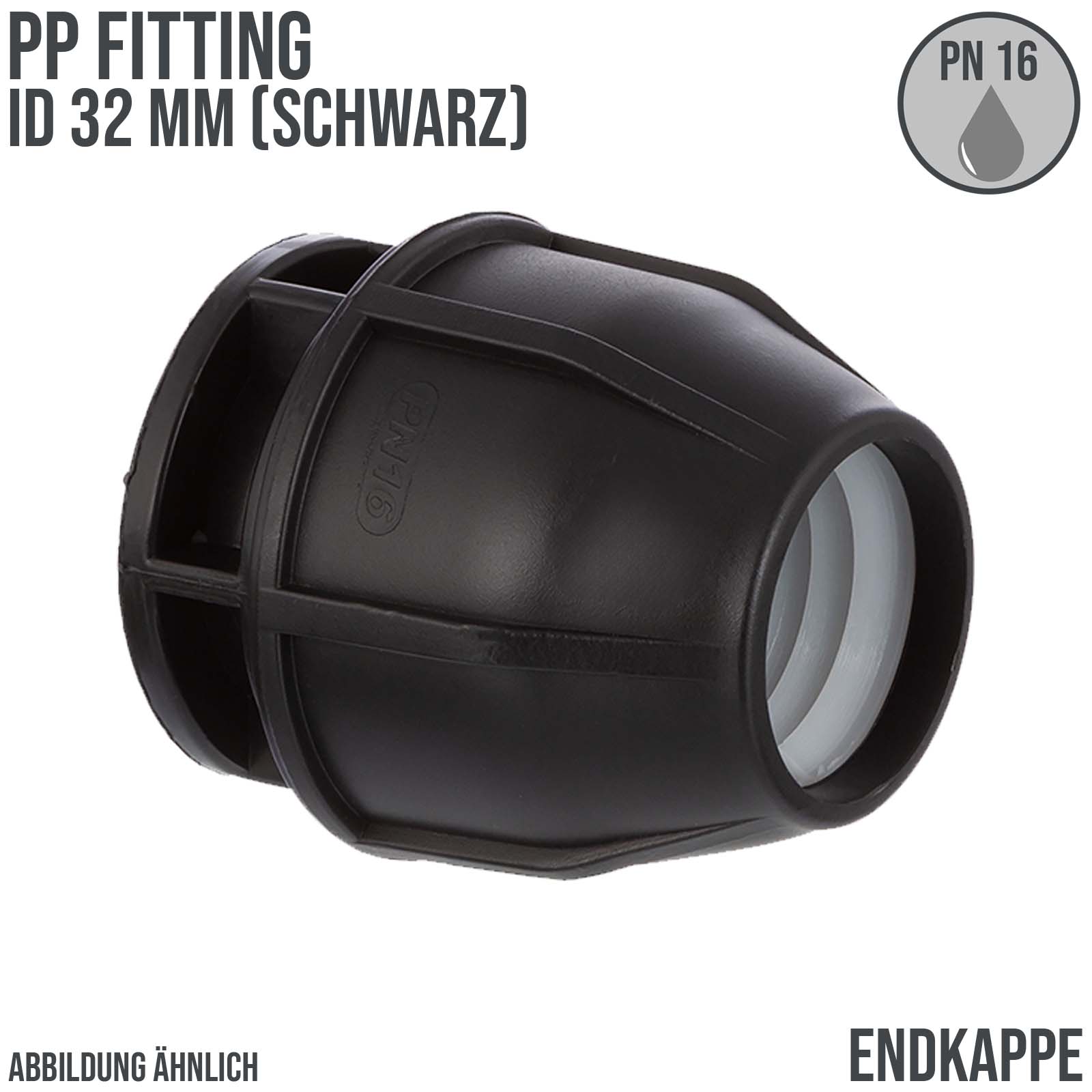 32 mm PE PP Fitting Klemm Verbinder Kappe Endkappe Endstück Muffe Verbinder  schwarz - PN 16 bar
