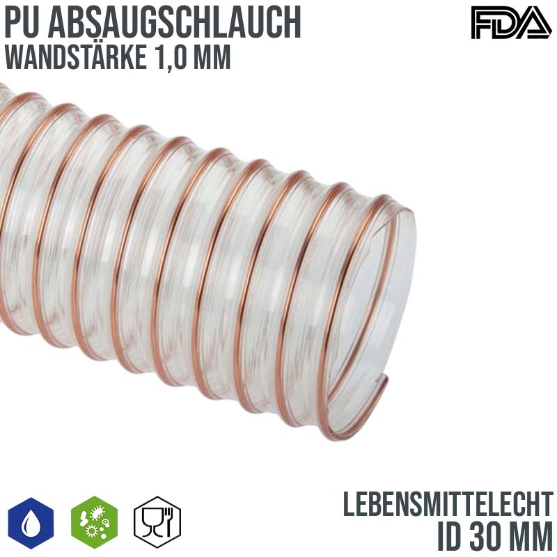 30 mm PU Saug Ansaug Druck Spiral Flex FDA Lebensmittel Schlauch - Wandstärke 1,0 mm - PN 1,96 bar