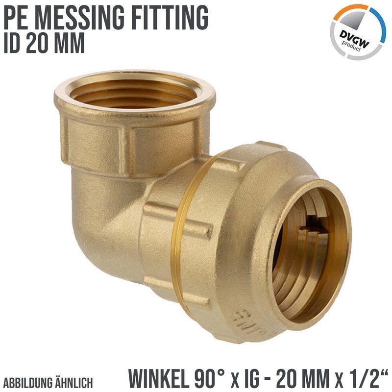20 mm x 1/2" PE Fitting Klemm Verbinder Messing Verschraubung Muffe Winkel 90° x IG DVGW - PN 16 bar