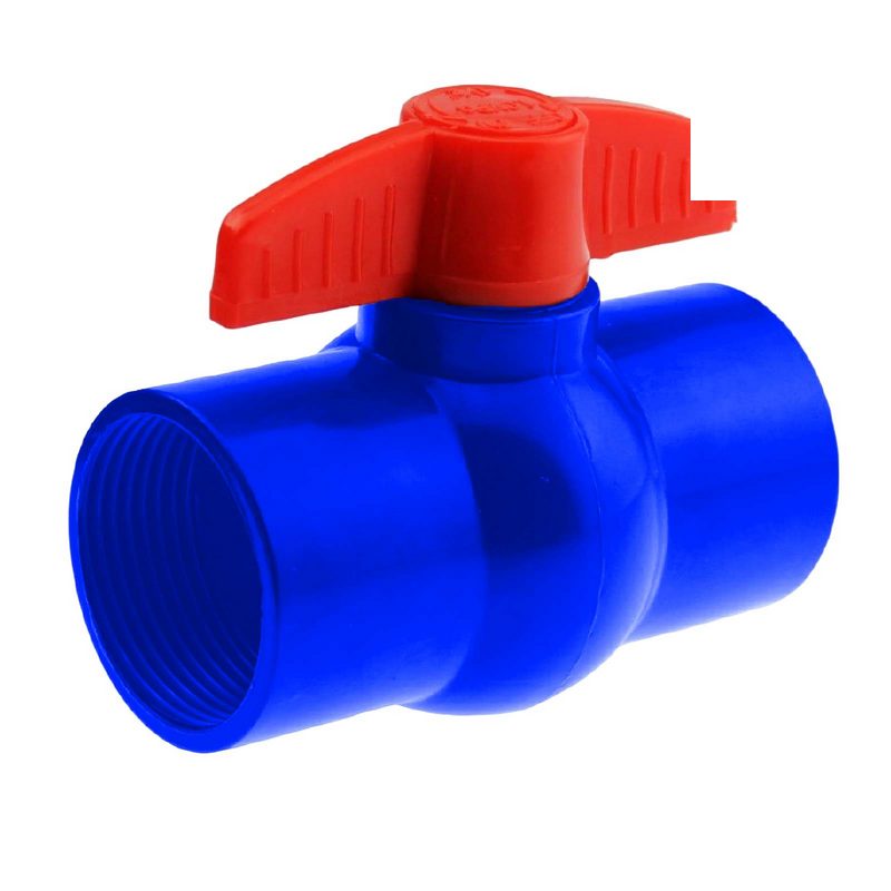 1 1/4" PVC Kugel Absperr Hahn Ventil ECO blau beitseitiges Innengewinde PN 10 bar - roter Griff