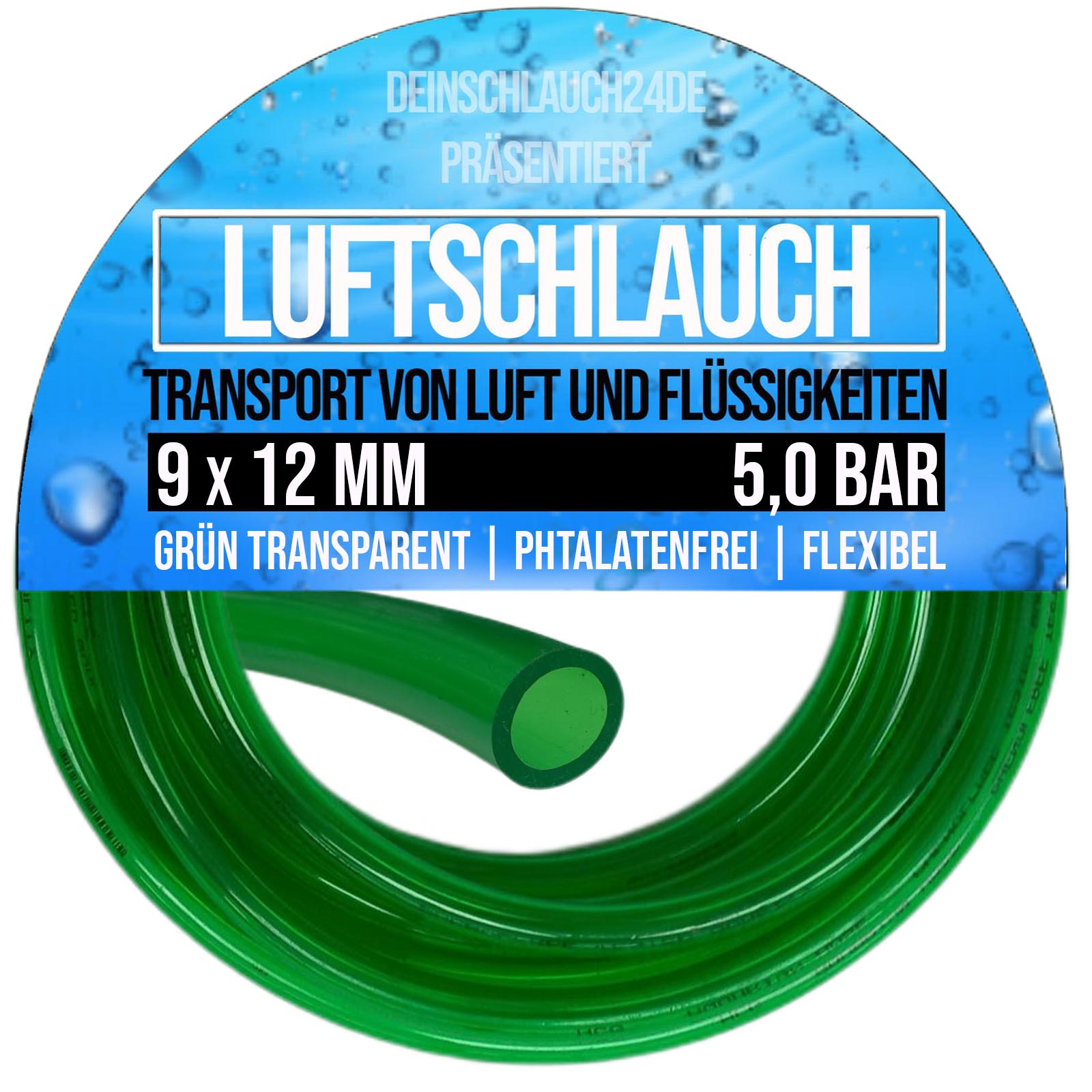 9 x 12 mm PVC Luft Filter Wasser Universal Labor Aquarium Terrarium Schlauch grün transparent - PN 5 bar
