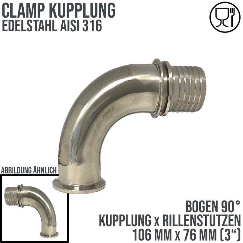 CLAMP Kupplung 90° Bogen 106 mm Schlauch Stutzen Tülle Rillen 76 mm 3" - PN 16 bar